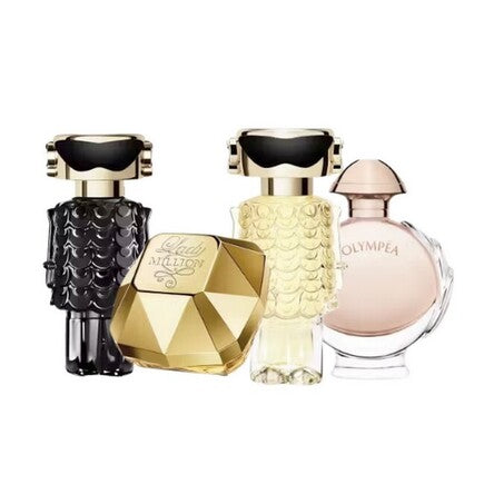 PACO RABANNE 4 PCS MINI SET FOR WOMEN: LADY MILLION 0.17 EAU DE PARFUM + OLYMPEA 0.20 EAU DE PARFUM + FAME 0.14 EAU DE PARFUM + FAME 0.14 PARFUM