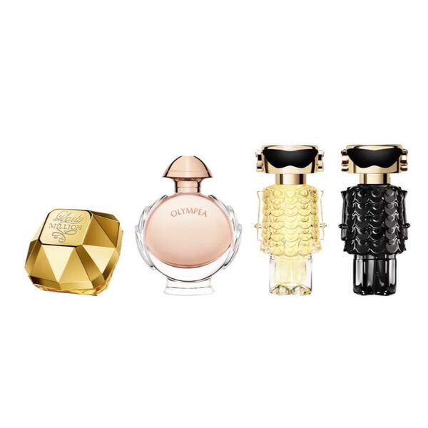 PACO RABANNE 4 PCS MINI SET FOR WOMEN: LADY MILLION 0.17 EAU DE PARFUM + OLYMPEA 0.20 EAU DE PARFUM + FAME 0.14 EAU DE PARFUM + FAME 0.14 PARFUM