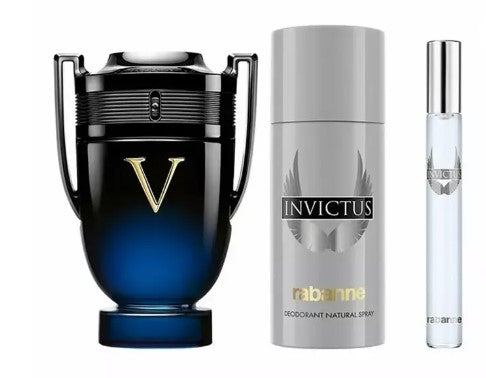 PACO RABANNE INVICTUS VICTORY ELIXIR 3 PCS SET FOR MEN: 3.4 EAU DE PARFUM SPRAY + 5 OZ DEODORANT SPRAY + 0.34 EAU DE PARFUM SPRAY