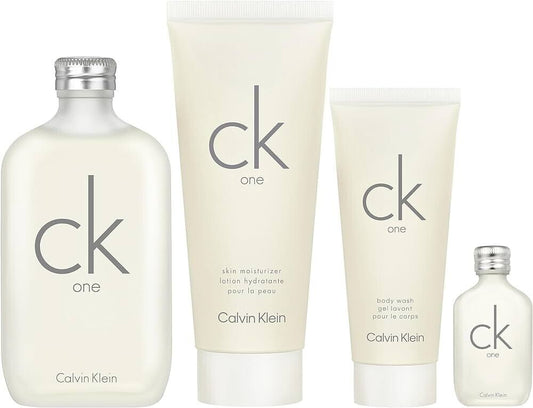 CK ONE 4 PCS SET FOR MEN: 6.7 EAU DE TOILETTE SPRAY + 15 ML EAU DE TOILETTE MINI + 6.7 SKIN MOISTURIZER + 3.3 BODY WASH