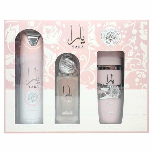 LATTAFA YARA 3 PCS SET FOR WOMEN: 3.4 EAU DE PARFUM SPRAY + 6.7 PERFUMED SPRAY + 1.7 HAIR MIST