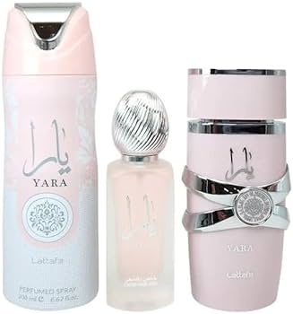 LATTAFA YARA 3 PCS SET FOR WOMEN: 3.4 EAU DE PARFUM SPRAY + 6.7 PERFUMED SPRAY + 1.7 HAIR MIST