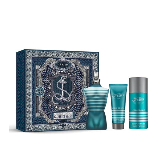 JEAN PAUL GAULTIER LE MALE 3 PCS SET FOR MEN: 4.2 EAU DE TOILETTE SPRAY + 2.5 SHOWER GEL + 5 OZ DEODORANT SPRAY.