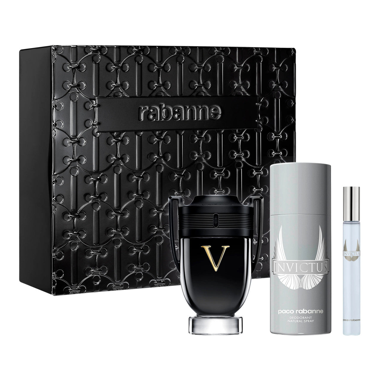 PACO INVICTUS VICTORY 3 PCS SET FOR MEN: 3.4 EAU DE PARFUM + 5 OZ DEODORANT SPRAY + 0.34 EAU DE PARFUM (METAL)
