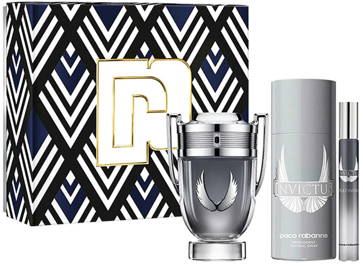 PACO RABANNE INVICTUS PLATINUM 3 PCS SET FOR MEN: 3.4 EAU DE PARFUM + 5.1 DEODORANT SPRAY + 0.34 EAU DE PARFUM