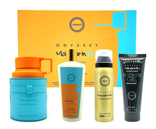 ARMAF ODYSSEY MANDARIN SKY 4 PCS SET FOR MEN: 3.4 EAU DE PARFUM SPRAY + 3.4 SHOWER GEL + 1.7 BODY SPRAY + 8.4 SHAMPOO