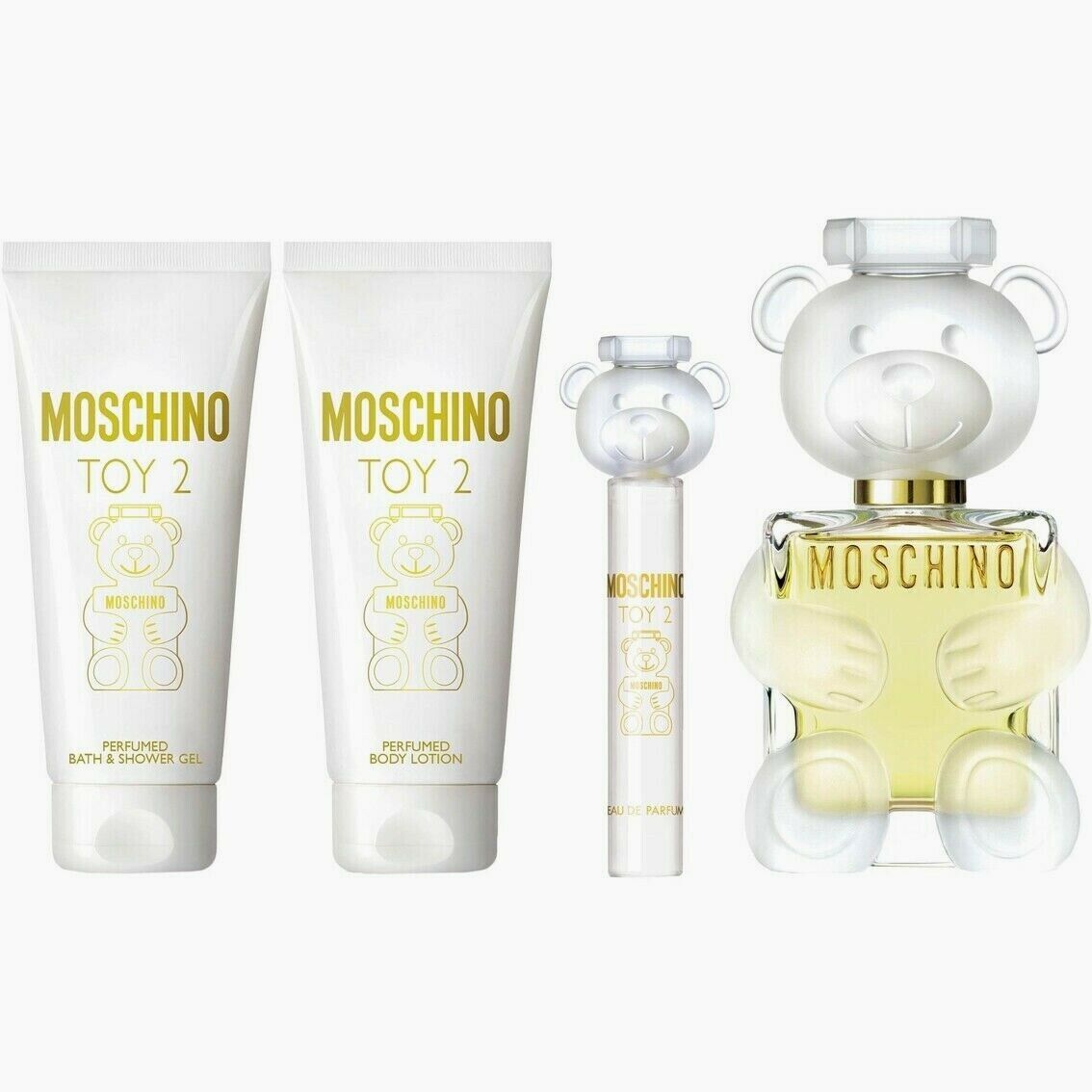 MOSCHINO TOY 2 4 PCS SET FOR WOMEN: 3.4 EAU DE PARFUM SPRAY + 0.34 EAU DE PARFUM SPRAY + 3.4 BATH & SHOWER GEL + 3.4 BODY LOTION